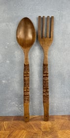 Mid Century Wood Tiki Totem Spoon & Fork Sculpture