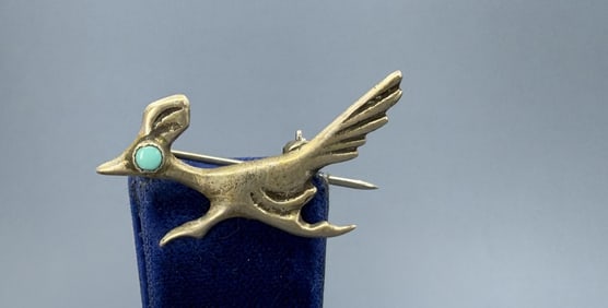 Navajo Sterling Silver Turquoise Roadrunner Brooch