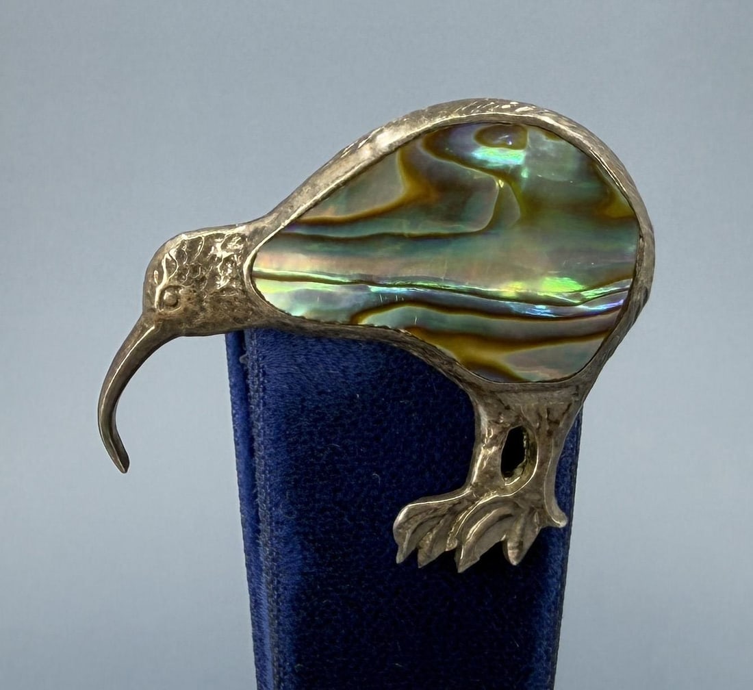Sterling Silver Abalone Kiwi Bird Brooch: 1 1/4" long.