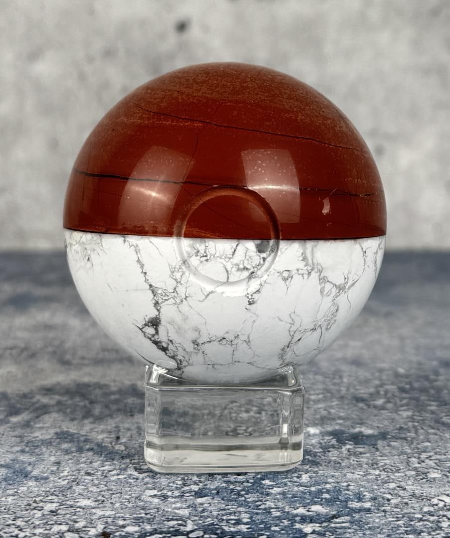 Howlite & Red Jasper Pokemon Pokeball: 2 1/2" in diameter. 354 grams.
