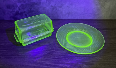 Uranium Vaseline Glass Butter Dish and Plate