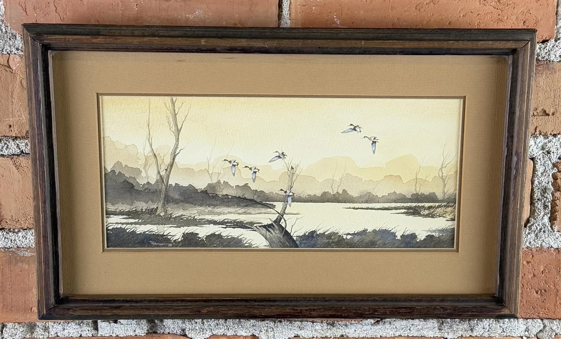 Todd Hileman Montana Watercolor Painting: Title is Ducks Landing. 9" by 15" framed. Todd Hileman is active/lives in Montana. Todd Hileman is known for Painting.