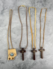 Grouping of Wood Cross Necklaces and Pouch