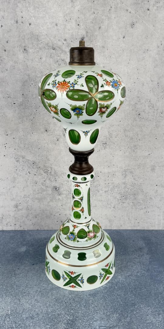 Victorian Bohemian Glass Kerosene Lamp: Converted to electric at some point as shown. Electric components have been removed. 17" tall.
