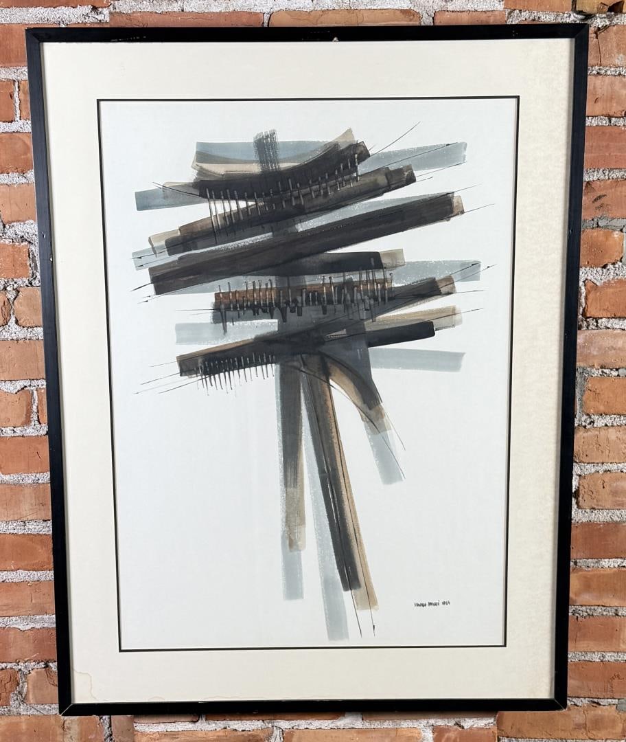 Mid Century Rinaldo Paluzzi Watercolor Painting: 29 1/2" by 38" framed. Rinaldo Paluzzi (1927 - 2013) was active/lived in Pennsylvania / Spain. Rinaldo Paluzzi is known for Abstract sculpture of carcboad, geometric designs on wood. Rinaldo Paluzzi,
