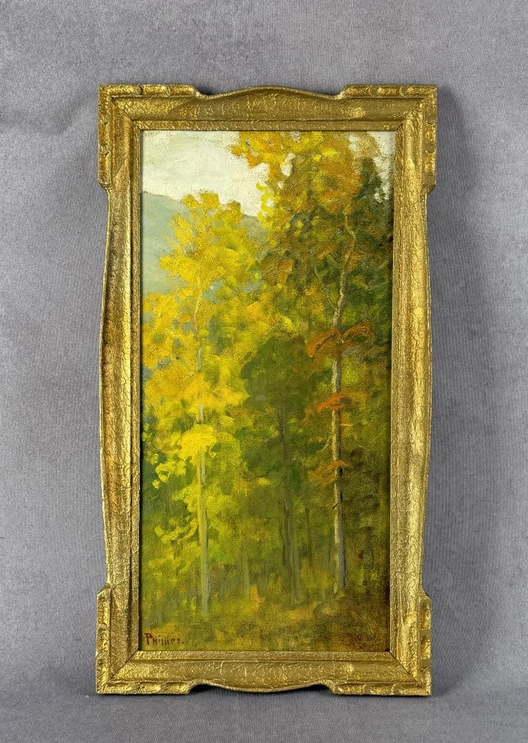 Bert Geer Phillips Taos Aspens Oil Painting: Title is Taos Aspens. Oil on Board. 12 1/4" by 22 3/8" framed. Provenance: From the Estate of Uvaldo and Isabel Sandoval of Taos New Mexico. Uvaldo was the sheriff of Taos Pueblo from 1952-1954. Bert