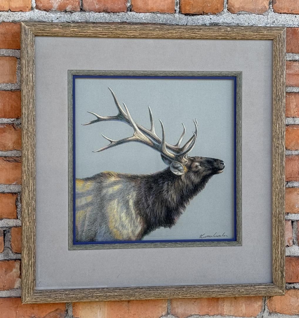 Lee Kromschroeder Bull Elk Pastel Drawing: Title is Monarch. Pastel on Paper. 14" by 14" unframed. 22" by 23" framed. Lee Kromschroeder (Born 1951) was active/lived in California. Lee Kromschroeder is known for Wild animal, landscape painting,