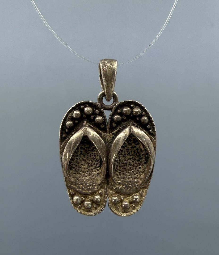 Sterling Silver Sandals Flipper Necklace Pendant: 1" by 5/8".