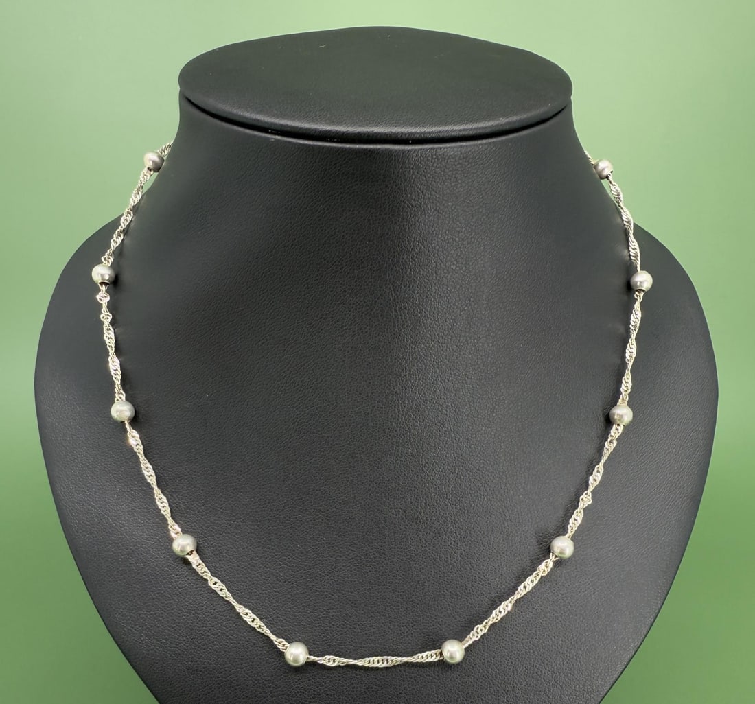 Sterling Silver Bead & Twisted Curb Chain Necklace: 8 1/2" long closed.