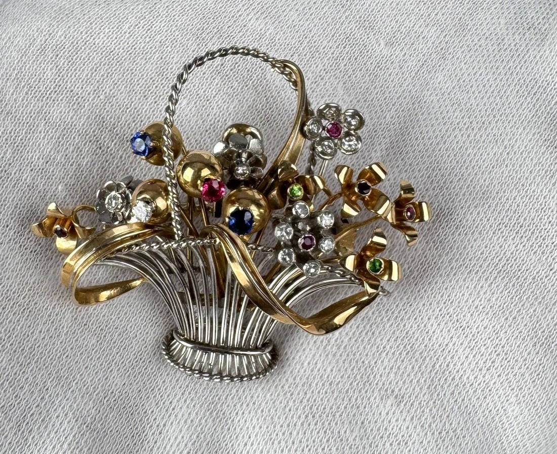 14k Yellow Gold and Platinum Flower Basket Brooch (1 of 4)