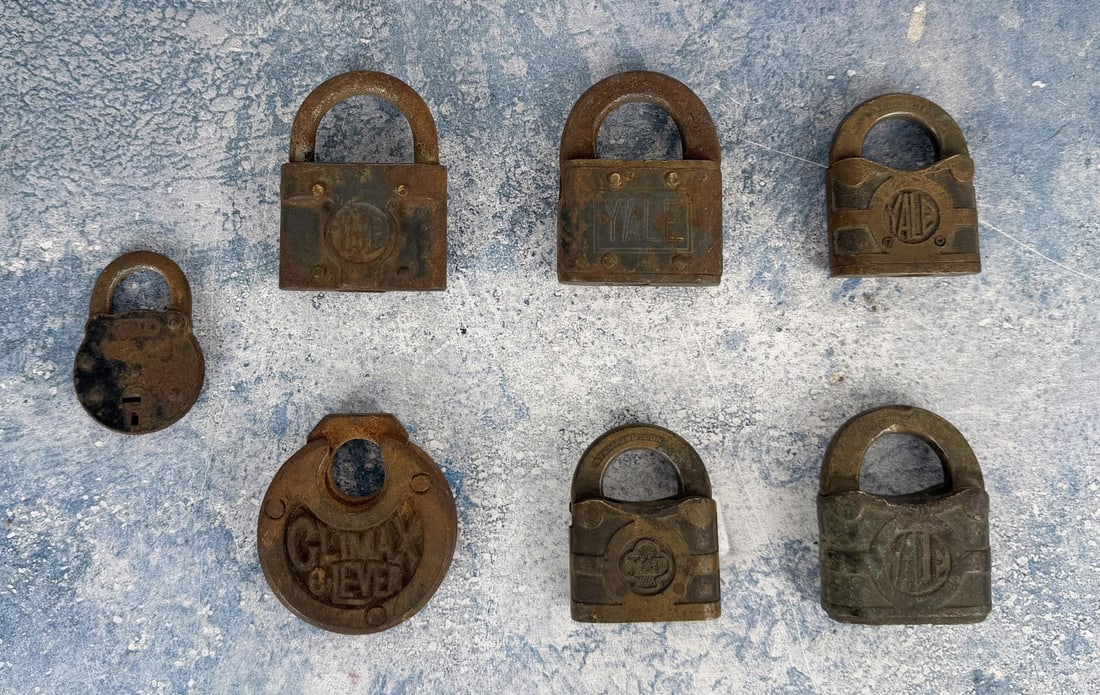 Collection of Antique Padlocks Locks: Yale, Climax, Y&T.
