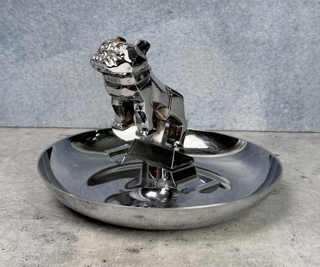 Vintage Mack Bulldog Hood Ornament Ashtray: 7" diameter, 4 5/8" tall.