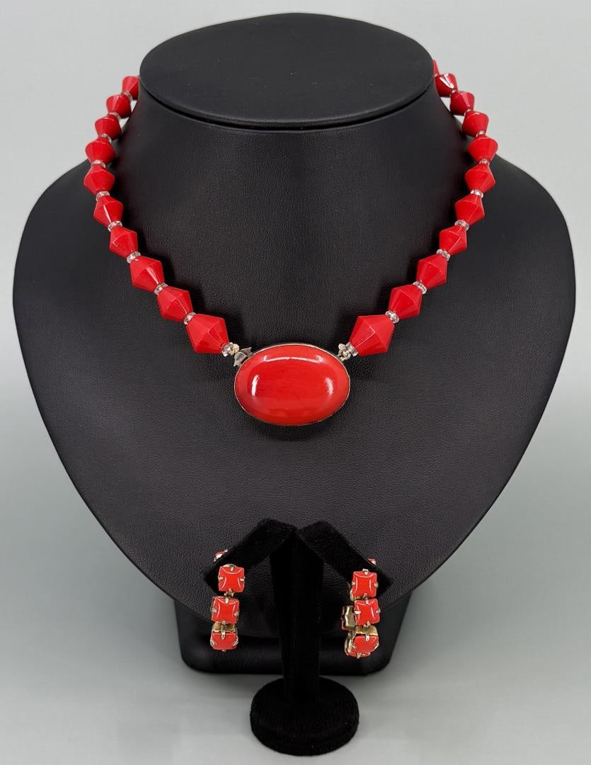 Art Deco Red Glass Flapper Necklace Earrings: Necklace is 7 1/8" long.