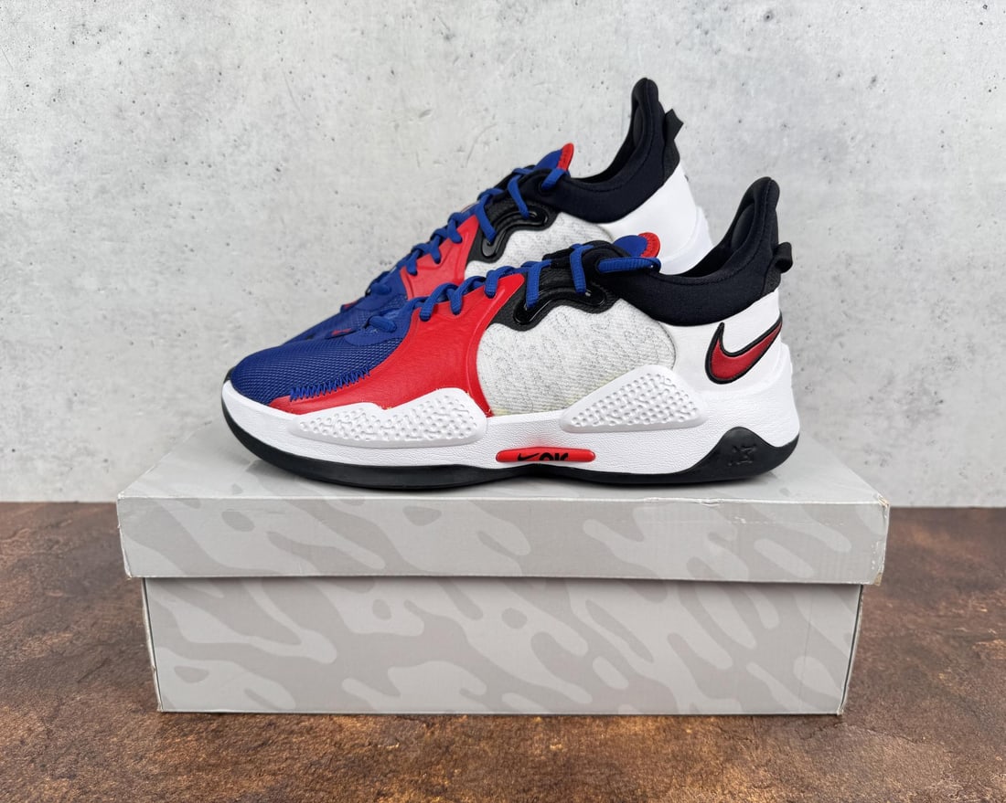 Nike CW3143-101 Paul George PG 5 USA Olympic: Shoes. White/University Red-Rush Blue. Size 10. New in box.