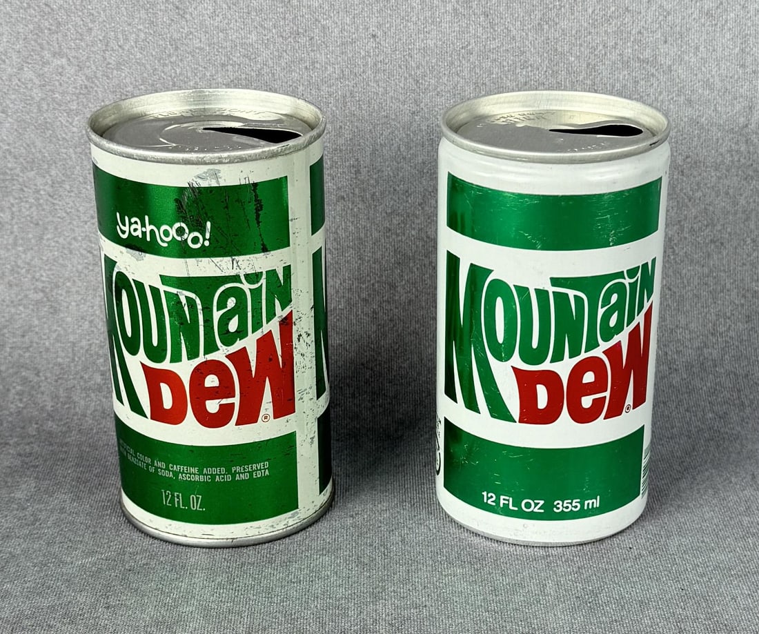 Vintage Mountain Dew Soda Cans: Two different examples. Yakima Washington, Worland Wyoming.