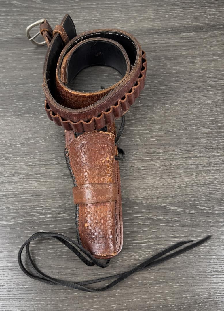 Tooled Leather Cowboy Gun Belt & Holster: .38 cal. 45" long from belt tip to buckle.