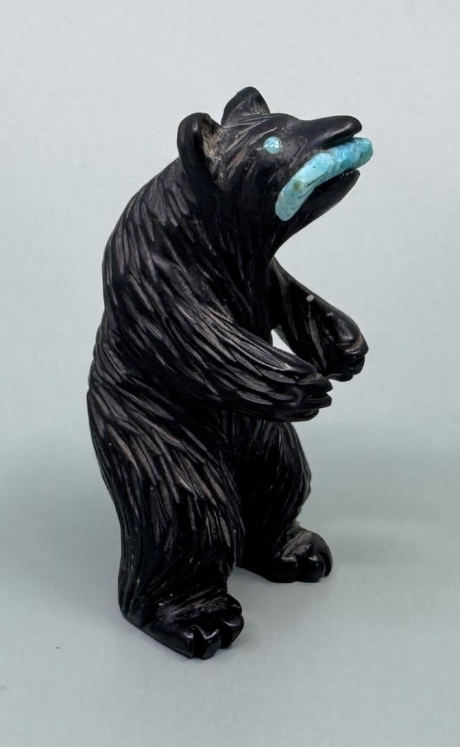 Barlow Quandelacy Zuni Carved Bear Fetish: Missing half of his fish. 2 3/8" by 1 1/8" by 1"