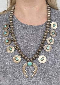 Old Pawn Navajo Coin Squash Blossom Necklace