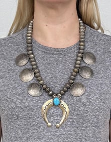 Old Pawn Navajo Coin Squash Blossom Necklace