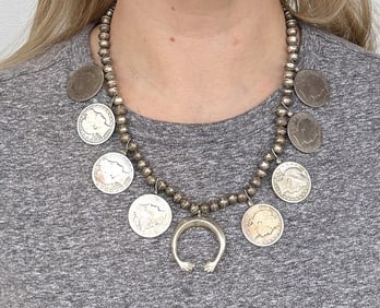 Old Pawn Navajo Coin Squash Blossom Necklace
