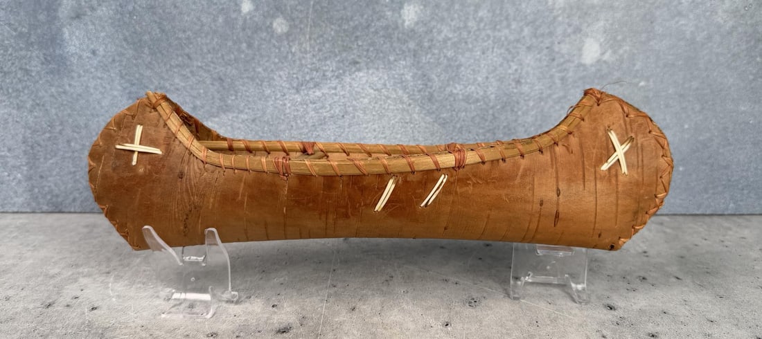 Ojibwe Indian Birch Bark Canoe: 13 1/4" long by 3 1/2" wide.