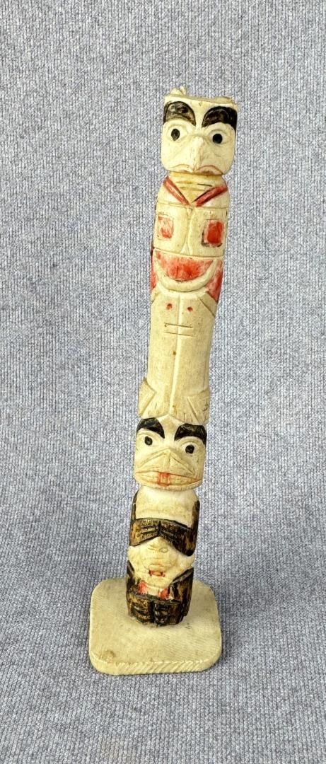 1950s Northwest Coast Carved Bone Totem Pole: Canadian Fish and Cold Storage Co Prince Rupert British Columbia. 4 5/8" tall.