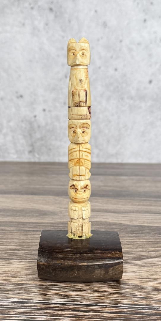 1950s Northwest Coast Carved Bone Totem Pole: 7 1/4" tall.