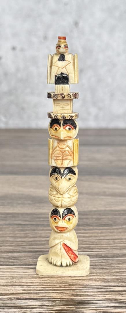1950s Northwest Coast Carved Bone Totem Pole: 5" tall
