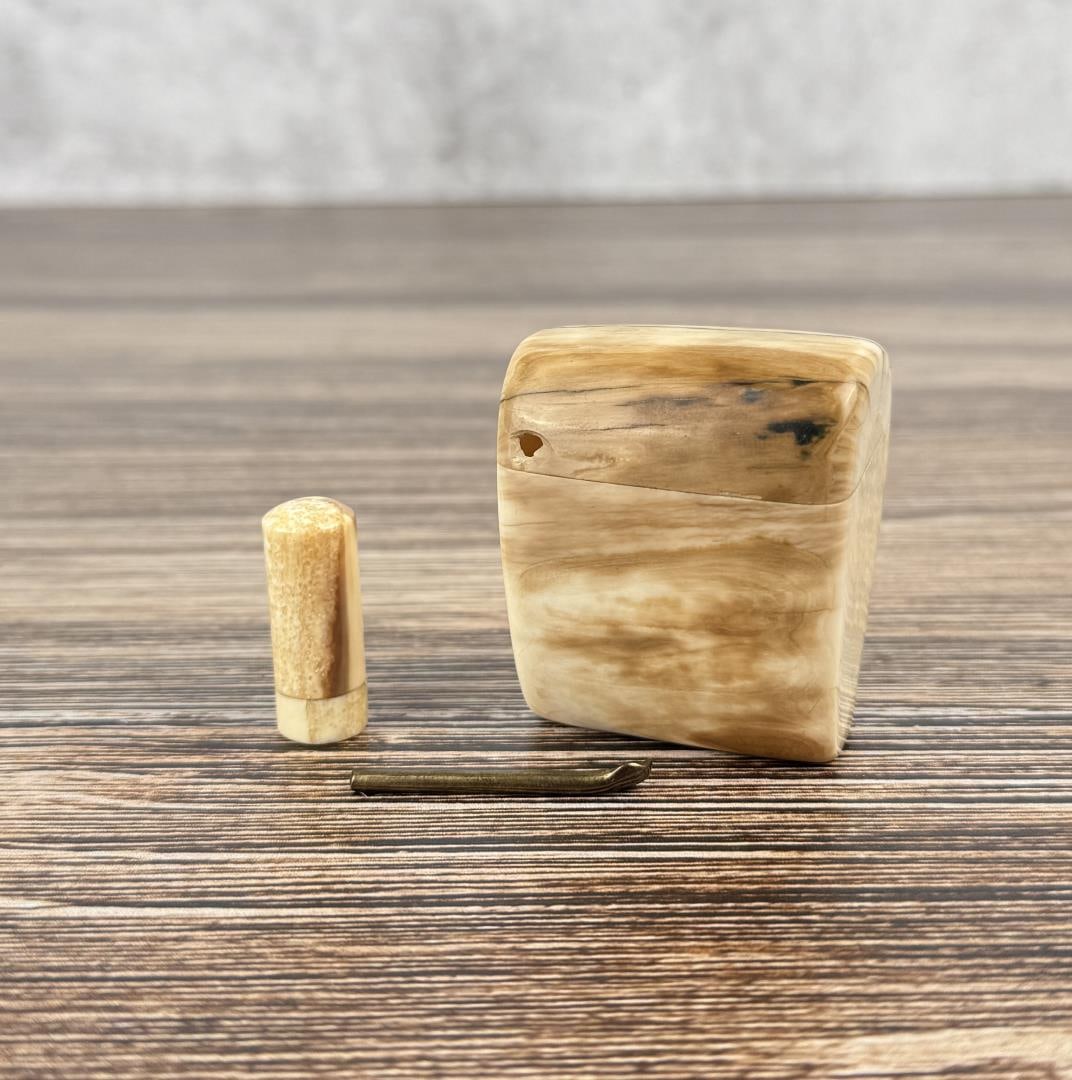 Alaskan Inuit Eskimo Carved Stash Box: 2" by 1 3/4" by 1 1/2". Carved walrus material. Native made prior to 1972. This item cannot be shipped to Oregon, California, Hawaii, New York, New Jersey, Internationally, or any other state that pro