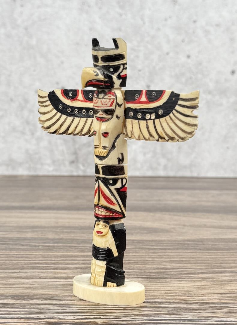 1950s Northwest Coast Carved Bone Totem Pole: 6 3/8" tall.
