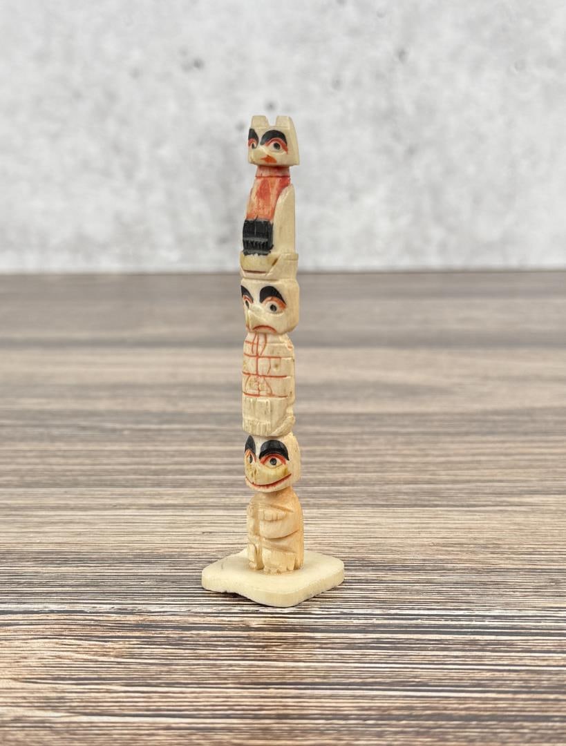 1950s Northwest Coast Carved Bone Totem Pole: 4 1/8" tall.