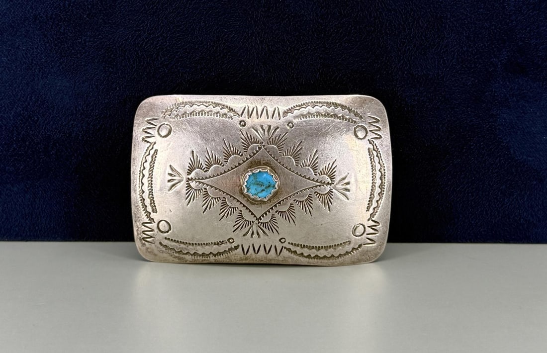 Old Pawn Navajo Sterling Turquoise Belt Buckle: 3" long. 24.27 grams