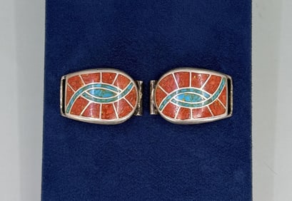 Zuni Chip Inlaid Sterling Silver Watch Band Tips