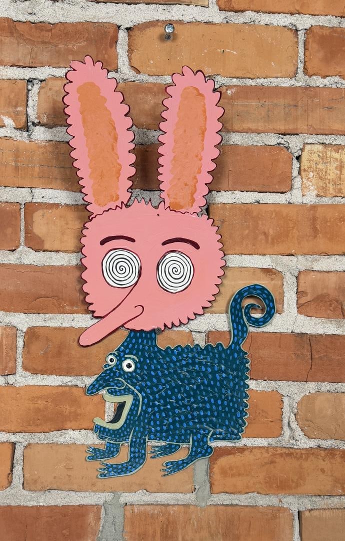 Steve Burnley Folk Art Critters Bricky Tastard: Painted Tin. Title is Bricky Tastard. 19" by 9 1/2" From the Artist My name is Steve Burnley. I?ve been drawing since I was old enough to hold a pencil. I?ve always drawn creatures and such. I?m 50 ye