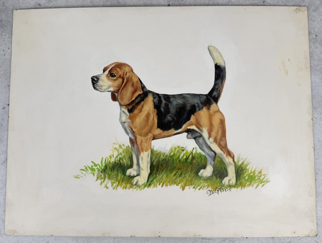 Ole Larsen Oil on Board Beagle Painting: 18" by 24". Oil on Board. Title is Beagle. This work was later syndicated. Ole Larsen (1898 - 1984) was active/lived in Michigan, Illinois. Ole Larsen is known for Animal painting, medical illustratio