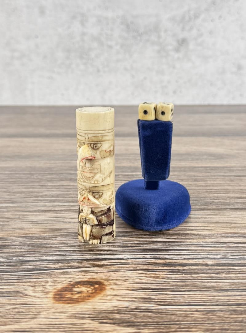 Alaskan Carved Totem Pole Dice Case: 3" tall.