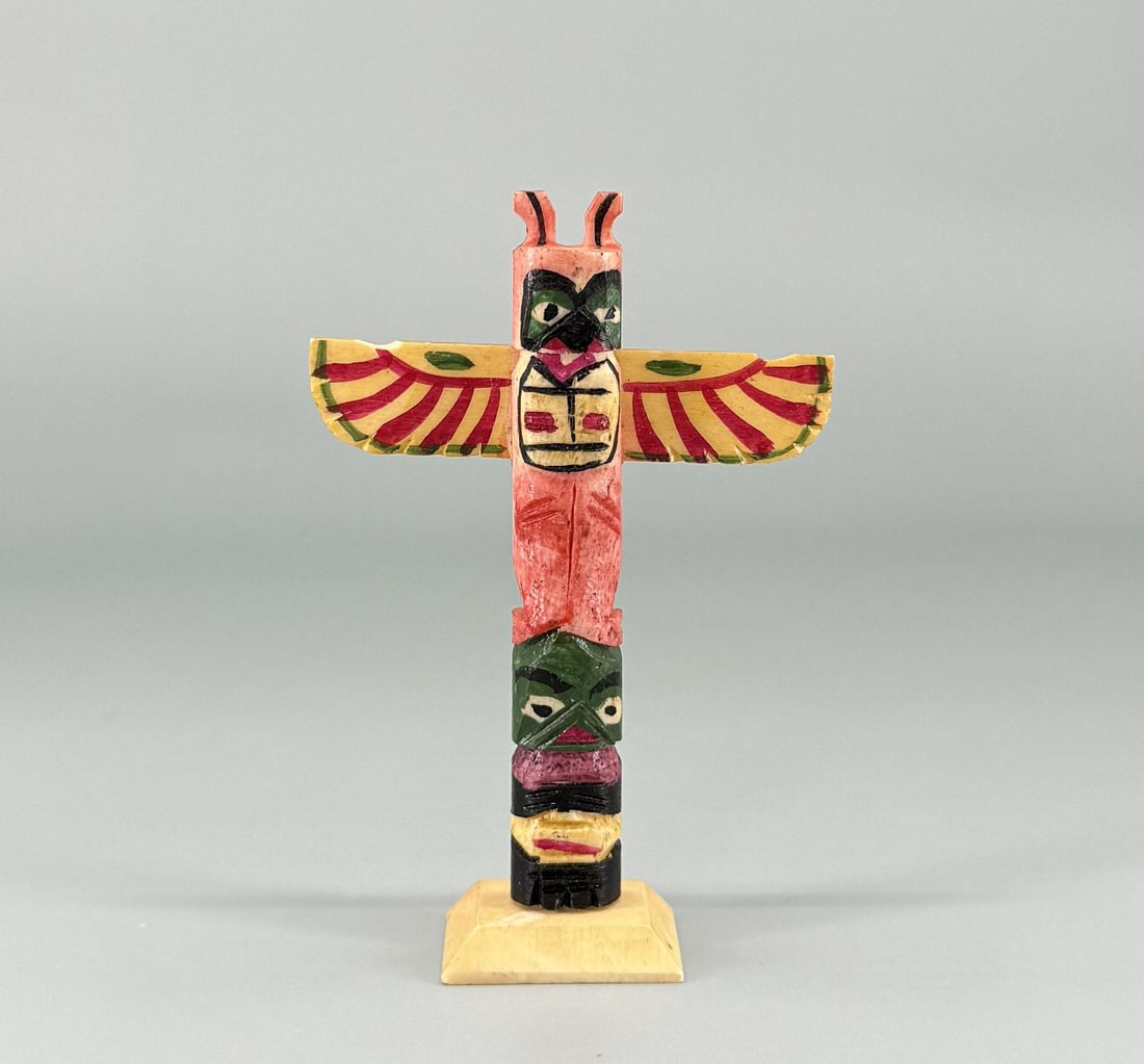 1950s Northwest Coast Carved Bone Totem Pole: 3 1/8" tall