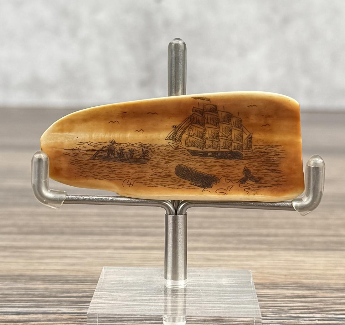 Alaskan Inuit Eskimo Whaling Scrimshaw: 2 5/8" by 1". Carved walrus material. Native made prior to 1972. This item cannot be shipped to Oregon, California, Hawaii, New York, New Jersey, Internationally, or any other state that prohibits.
