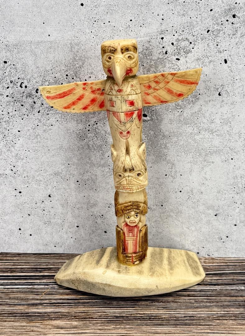 1950s Northwest Coast Carved Bone Totem Pole: 6 3/8" tall