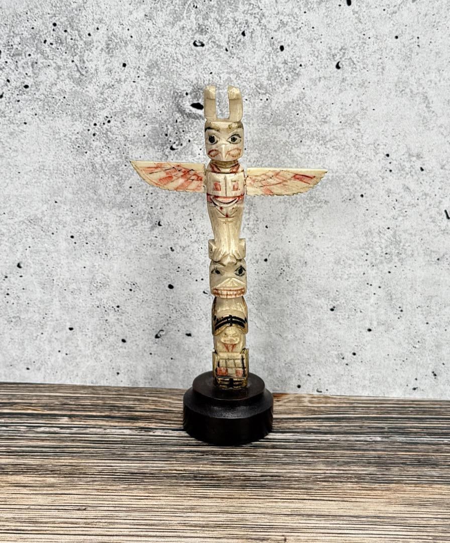 1950s Northwest Coast Carved Bone Totem Pole: 4 1/2" tall