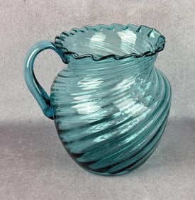 Hand Blown Blue Swirl Ruffled Glass Pitcher