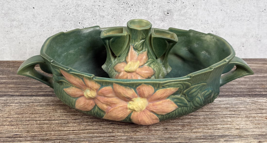 Roseville Pottery Green Clematis Flower Bowl: Comes with matching frog. Bowl measures 13 3/4" long by 7" deep by 3 1/2" high.