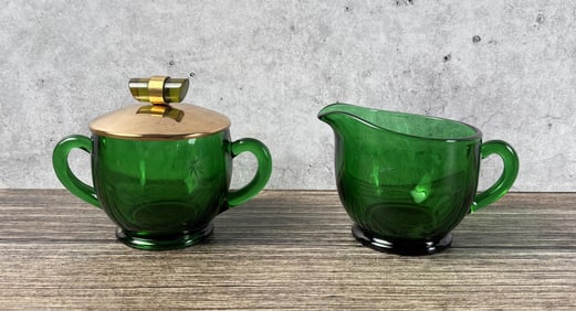 Paden City Emerald Glo Atomic Star Creamer & Sugar