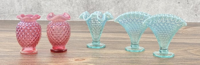 Fenton Glass Aqua Cranberry Hobnail Vases