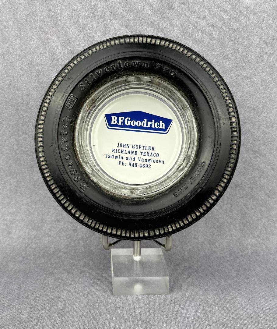 BF Goodrich Advertising Tire Ashtray Washington: 1 3/8" high by 5 3/4" in diameter. Jadwin and Vangiesen, Richland Washington.