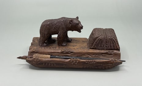 Black Forest Carved Wood Bear Inkwell Pen Rest
