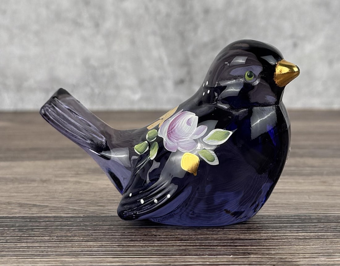 Fenton Glass Powell Painted Bird Paperweight: 3 3/4" by 2 1/2" by 2 1/4".