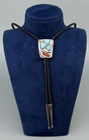 Navajo Sterling Silver Turquoise Coral Bolo Tie