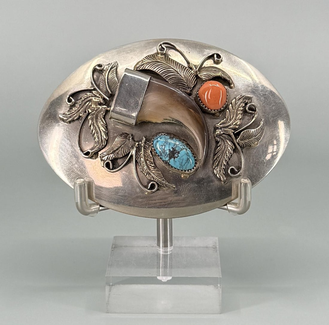 Little Fawn Black Bear Claw Belt Buckle: Set with turquoise and coral. 2 3/4" by 3 3/8". Only for sale where legal. No International Sales. Know your own laws. No sales to Alabama, California, Florida, Georgia, Mississippi, Kentucky, Massach