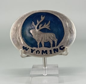 Wyoming Inlaid Cowboy Elk Belt Buckle